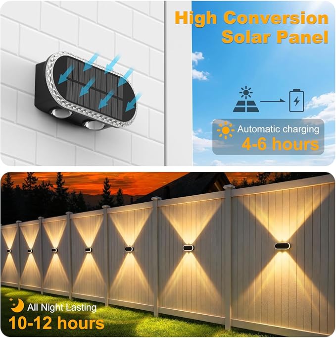 Solar Fence Lights Outdoor: 12-Pack IP65 Waterproof Solar Wall Lights - Up Down Dual Lens LEDs 3000K/4000K/6000K - 10-12H Lasting and Easy Install for Backyard Patio Porch