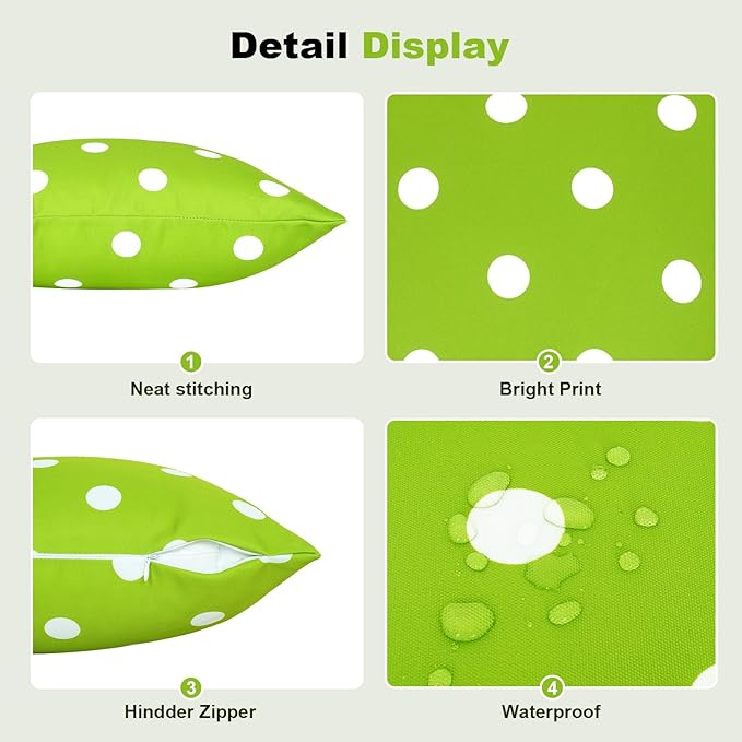 SquarePie Outdoor Pillow Covers Set of 2 Waterproof Decorative Throw Pillow Cases Patio Cushion Covers for Spring Couch Balcony Bench,18x18 inch Green Polka Dot