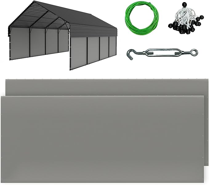 Metal Carport Sidewalls for 20ft Heavy Duty PE Tarp Enclosure Panels for 12x20ft, 20x20ft, 20x25ft Carport Garage, Waterproof Windproof Weather Strip, Frame Not Included (Gray,2 Packs