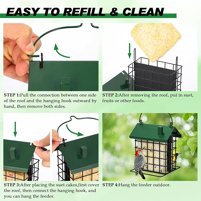 Gbekery All-Metal Double Suet Bird Feeder for Outdoors Hanging, Suet Cake Cage Holder with Weather-Resistant Roof & Perch for Outside Garden, Green