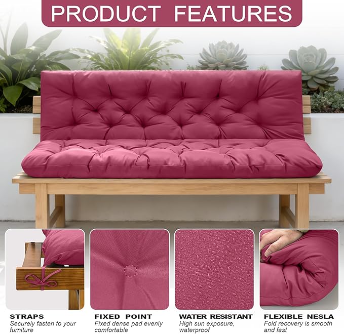 Porch Swing Cushions, Outdoor Swing Replacement Cushions 3 Seater with Backrest, Waterproof Bench Cushion with Ties,for Patio,Porch, Garden,Backyard