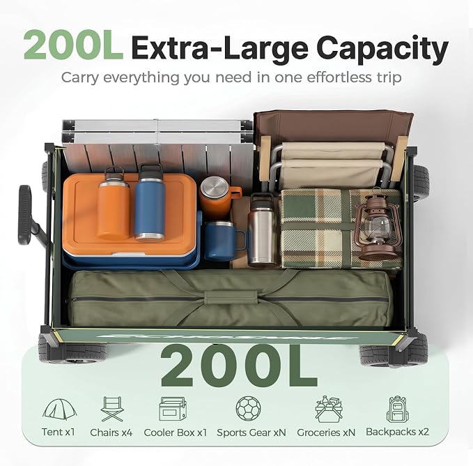 EchoSmile Collapsible Wagon Cart for Camping & Beach - Heavy Duty 400lbs Capacity All-Terrain Cart with Wide Wheels, Portable Folding Utility Wagon for Grocery, Garden, Sports,Green&Yellow