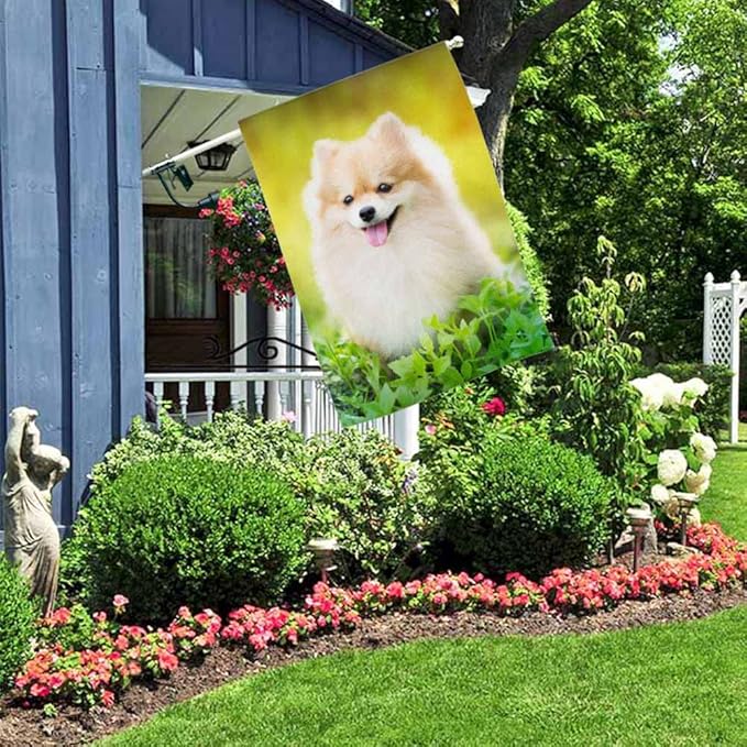 AOYEGO Pomeranian Dog House Flags 28 x 40 Double Sided Burlap Cute Spring Park Surrounded on Sunny Day Yard Flags Spring Summer Farmhouse Seasonal Outdoor Flag