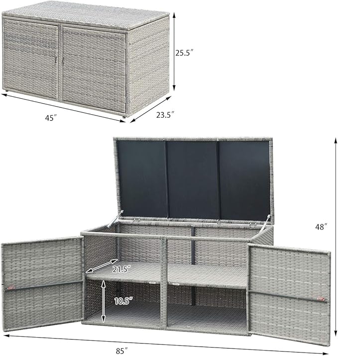 RELAX4LIFE PE Wicker Storage Box - Outdoor 88 Gallon 2-Tier Deck Box for Patio Furniture Toys Storage w/Lid & Front Doors, All Weather Rattan Storage Bin for Backyard Garden Poolside Porch (Grey)