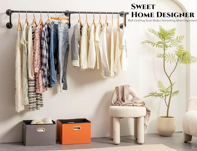 Wall Clothes Rack, Industrial Pipe Clothing Rack for Hanging Clothes, Wall Mounted Heavy Duty Space Saving Garment Racks, Multi-Purpose Clothing Hanging Rods for Closet Storage, Black