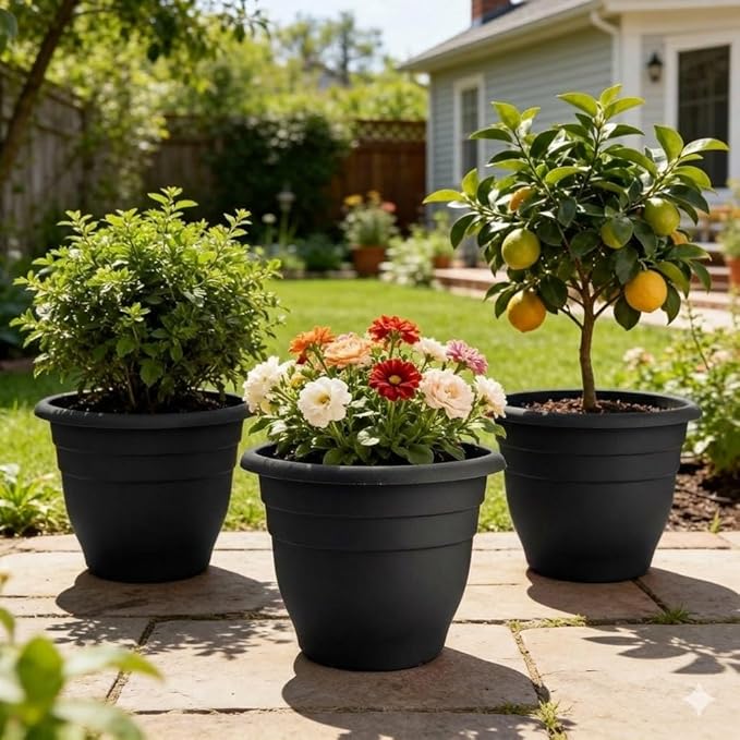 RooTrimmer 16 Inch Plant Pots Indoor Outdoor,6 Pack Black Plastic Planters with Drainage Holes,Large Lightweight Flower Pots for Indoor Outdoor Plants,Patio Garden Containers