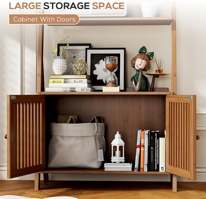 Bookcase with Drawers, 4-Tier Bamboo Bookshelf Ladder Shelf with 6 Hooks, Tall Narrow Retro Book Shelf, 24.8"L x 10.6"W x 59.5"H, Standing Storage Organizer for Living Room, Office, Bedroom, Walnut