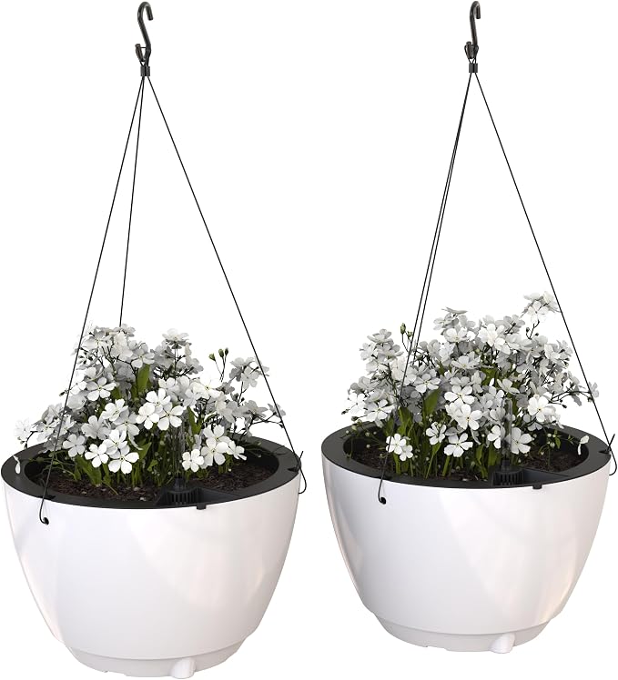 Mayne Caprio Self Watering Hanging Planter Set, 2 Pack - Sturdy, Lightweight Planters for Indoor and Outdoor Use, with Water Level Indicator and Drainage System, Basket for Flowers, White