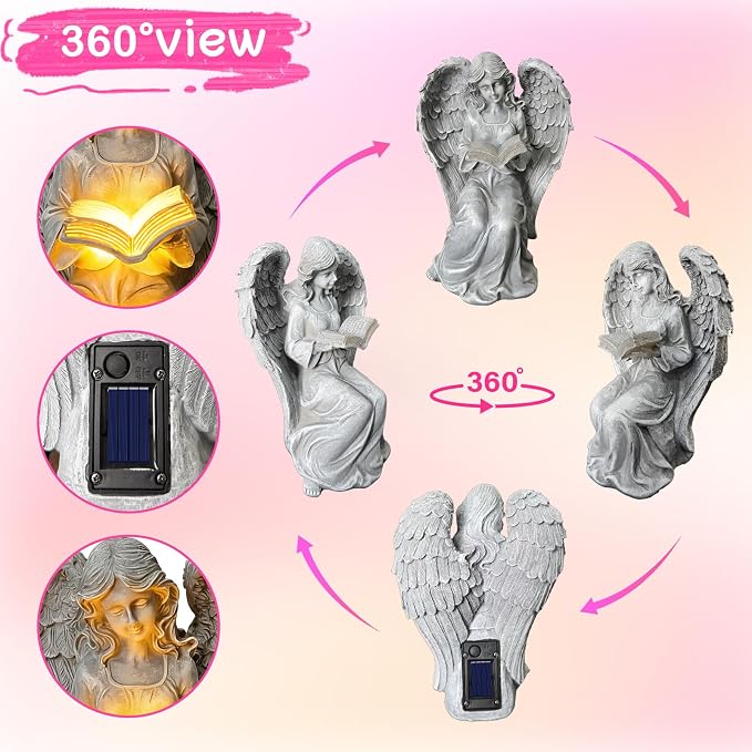 Solar Angel Book Statue, Waterproof Resin Outdoor Yard Garden Decor | Auto solar 7.5in reading angel figurine, warm LED glow, UV-resistant resin for indoor & outdoor decor