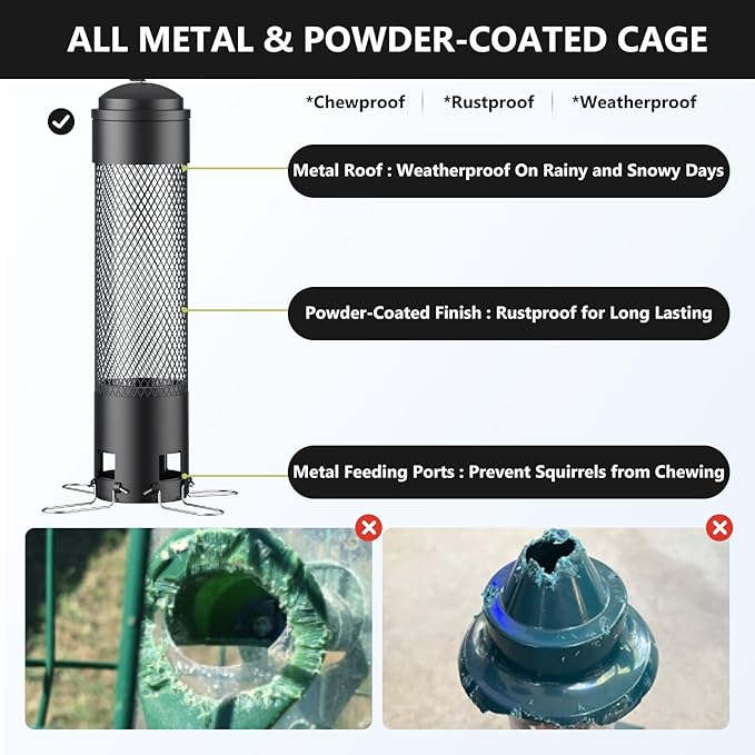 LCSEVEN Bird Feeders for Outdoors Squirrel Proof with Weight-Activated Perches, Hanging Bird Feeder for Outside, Metal Feeder for Wild Cardinal, Finch, Blue Jay, Chickadee, 3.6LB Seed Capacity, Black