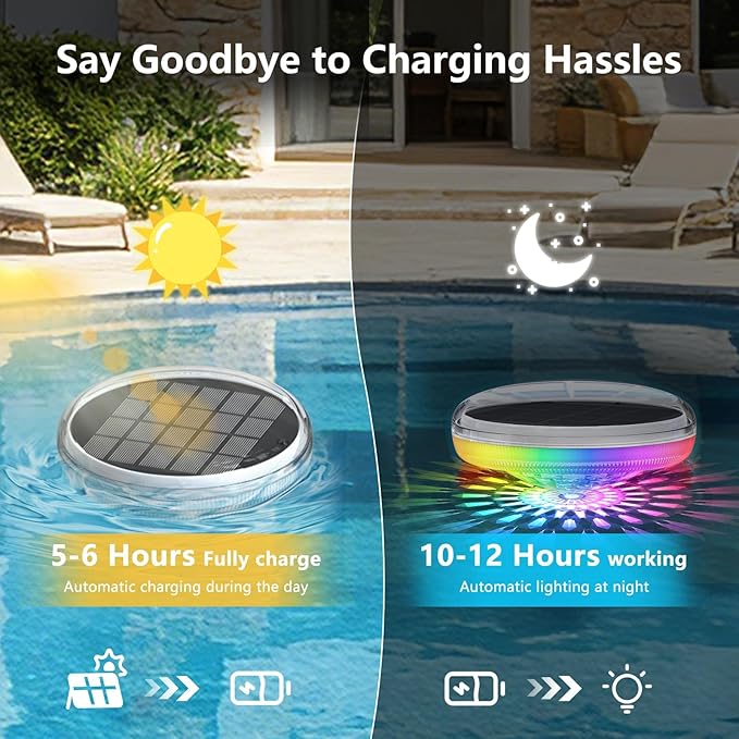 Solar Powered Floating Pool Lights(4 Pack), Pool Lights That Float with Remote Control, 12 Lighting, Timing Mode, IP67 Waterproof for Inground/Above Ground Pool, Pool Party, Bathroom, Bathtub, Garden