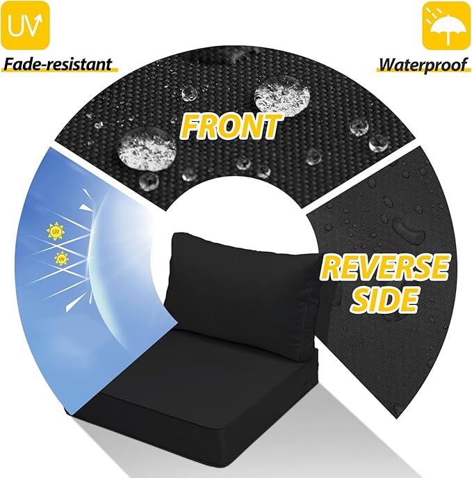 AAAAAcessories Outdoor Seat Cushions for Chairs, Fade-Resistant, Waterproof Patio Furniture Replacement Cushions, 25.5" x 25.5" x 5" + 25.5" x 13.5", Charcoal Black