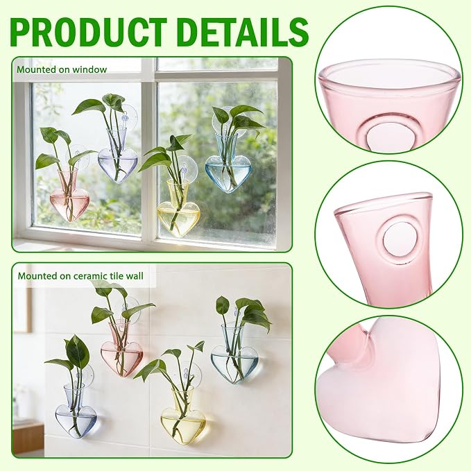 Bunmery Window Propagation Stations, 4 pcs Colored Heart Plant Propagation Station with Suction Cups, Easy to Install Window Hanging Planer, Indoor No Nails Glass Vase Terrarium for Plants&Flowers