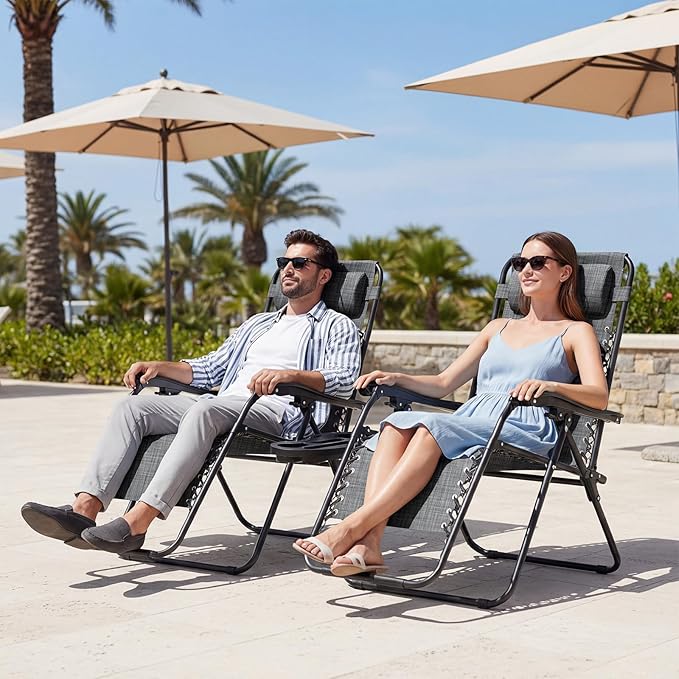 JEAREY Zero Gravity Lounge Chairs Set of 2, Adjustable Steel Mesh Recliners with Pillows and Cup Holder Trays for Patio, Garden, Beach, Dark Grey