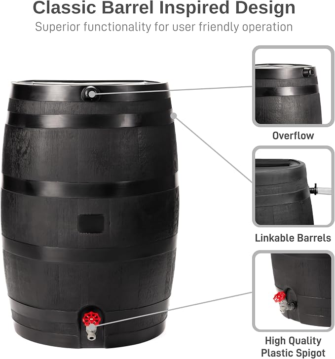 RTS Home Accents 50-Gallon ECO Rain Barrel Made with 100% Recycled Plastic, Flat Back Rain Water Collection Barrel, Soaker Hose Included, Black