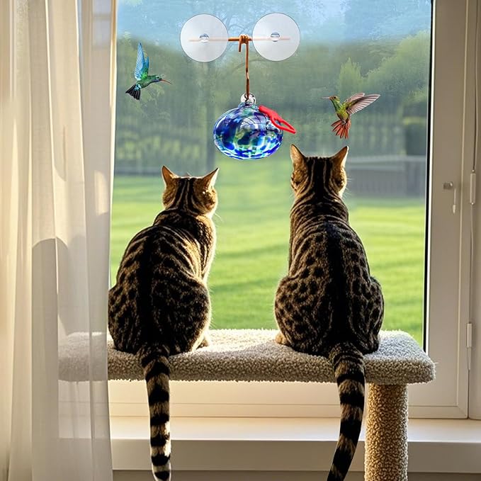 Window Hummingbird Feeder with Suction Cups,Hand-Blown Glass Hummingbird Feeders for Outdoors Window Mounted with Metal Hook,Close Bird Watching,Finch in Garden,Yard(Dotted Blue)