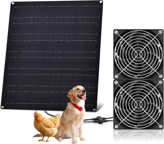 Solar Powered Fan, 15W Solar Chicken Coop Fan,Waterproof Ventilation Exhaust Fan for Outdoor Shed Chicken Coops Greenhouse Doghouses Pet House for Intake or Exhaust Air Cooling