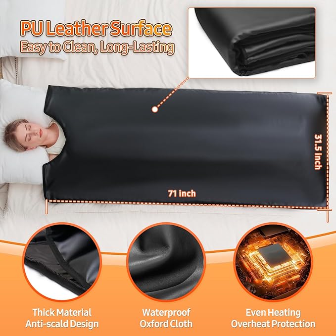 Infrared Sauna Blanket for Home: Premium PU Leather Portable Sauna Blanket Far Infrared Heating Blanket for Full Body Detox & Relaxation – Adjustable 95-167℉ & 20-60 Min Timer 71 x 31.5Inch