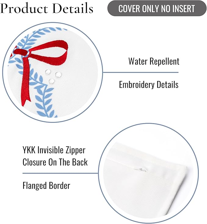Hofdeco Premium Coastal Hampton Patio Indoor Outdoor Lumbar Pillow Cover Only, 12"x20" Water Repellent for Backyard, Couch, Poolside, Azure Blue Red Embroidered Ribbon Bow Tie on Leaves