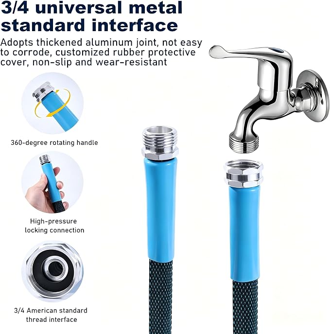 75FT Blue & Black Garden Hose, Lightweight No Kink Water Hose with 10 Function Spray Nozzle, 3/4 Inch Rust-Proof Aluminum Leak-Proof Connector for Yard Garden RV Outdoor Watering