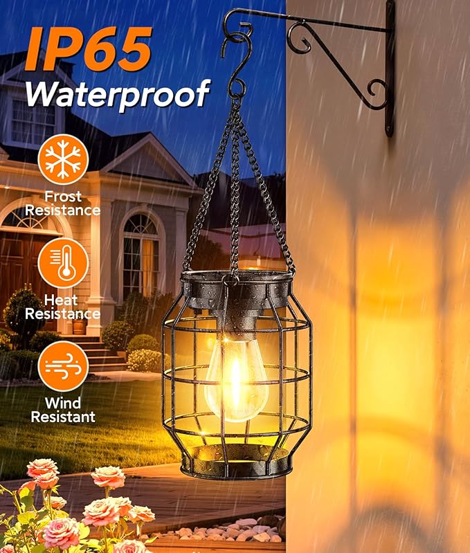 KOOPER Solar Lanterns Outdoor Waterproof, Upgraded Metal Hanging Solar Lights Outdoor Decorative, Brighter Outdoor Hanging Lantern for Yard Patio Pathway Porch Garden Decor, Gift for Women Mom 2 Pack