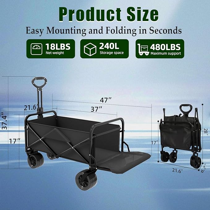 Collapsible Wagon Cart Foldable with Tailgate, 240L 480lbs Capacity, Heavy Duty Beach Wagon with Wheels Brake, Shopping Carts for Grocery, Camping, Garden Cart