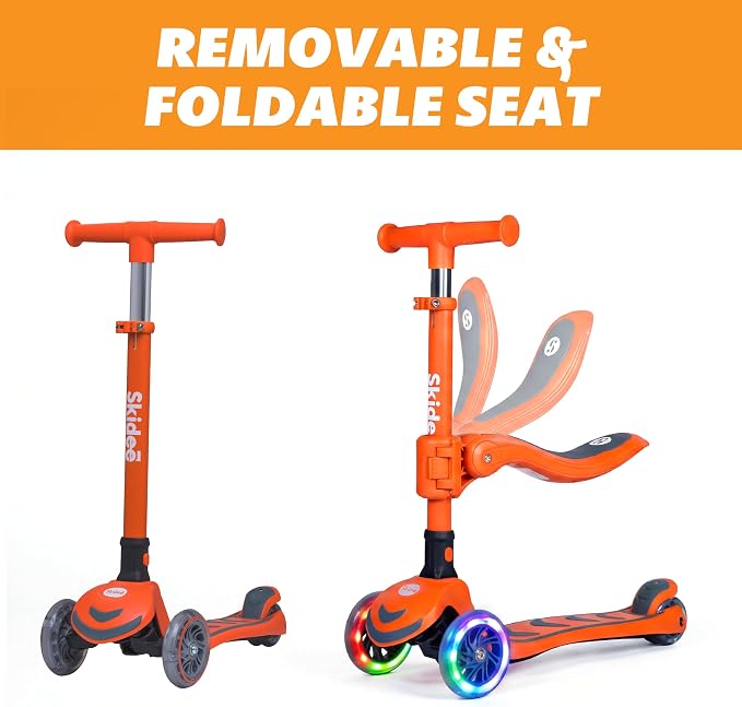 SKIDEE Kick Scooter for Kids Ages 3-5 | Foldable 3 Wheel Scooter with Lean-to-Steer, Adjustable Height, Removable Seat & LED Light Wheels | Toddler Scooter Up to 12 Year Old Boys/Girls
