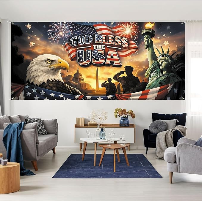 6 * 13FT Eagle Flag God Bless The UAS Garage Door Cover Decorations Independence Day Garage Door Banner for Outdoor Indoor Patriot Party Photography Backdrop