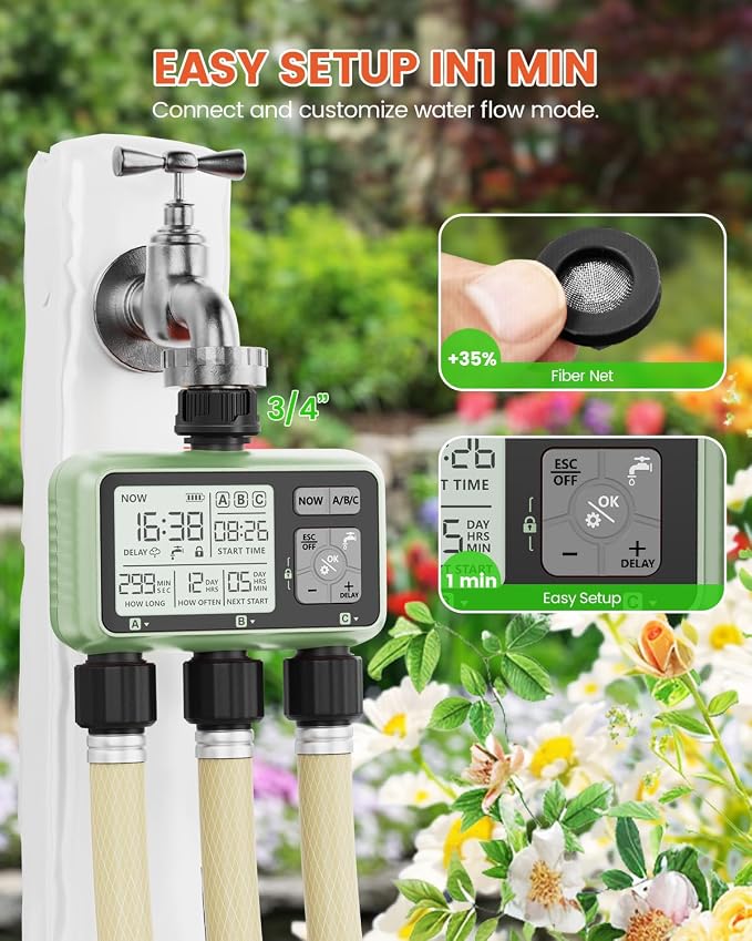 Sprinkler Timer 3 Zone Water Timer for Garden Hose Programmable Outdoor Hose Faucet Controller with Rain Delay Manual and Automatic Irrigation Controller System Low Battery Warning for Lawn Yard