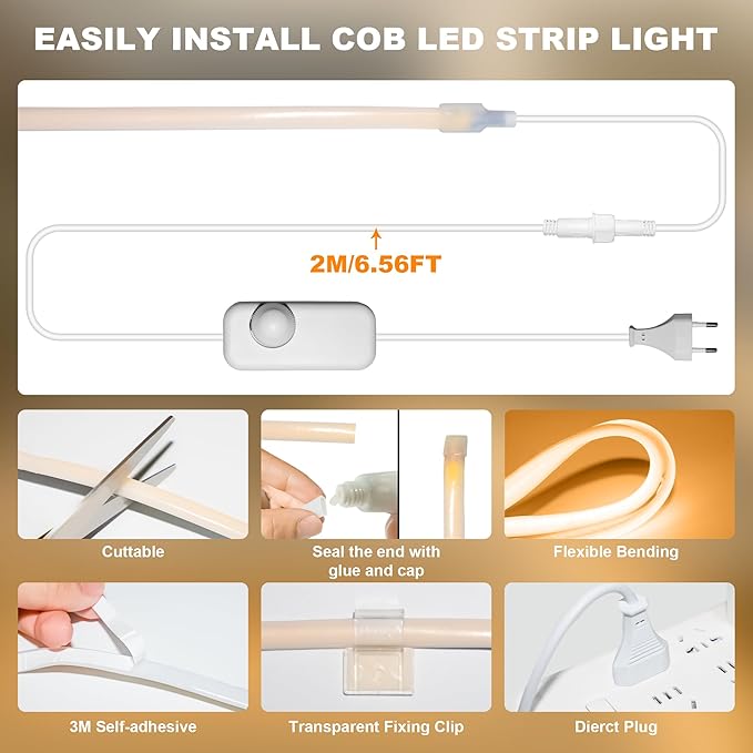 IP67 Waterproof COB LED Strip Lights AC 110V-120V Direct Plug, 100FT Super Bright Outdoor Strip Lights with Double Fuse Controller, 2700K Warm White LED Strips for Garden Patio Commercial Decor