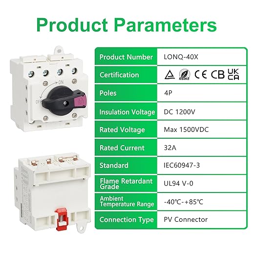Solar Isolator Disconnect Switch 32A DC 1500V 4 Poles Circuit Breaker for Solar PV System, Rvs and Homes(DIN Rail Mount, Lockable)