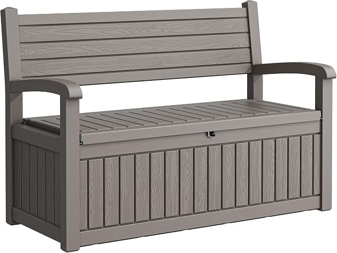 80 Gallon Lockable Deck Bench with Storage, Waterproof Outdoor Porch Bench, Resin Stripes Outdoor Storage Box for Cushions and Pool Supplies