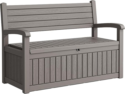 80 Gallon Lockable Deck Bench with Storage, Waterproof Outdoor Porch Bench, Resin Stripes Outdoor Storage Box for Cushions and Pool Supplies