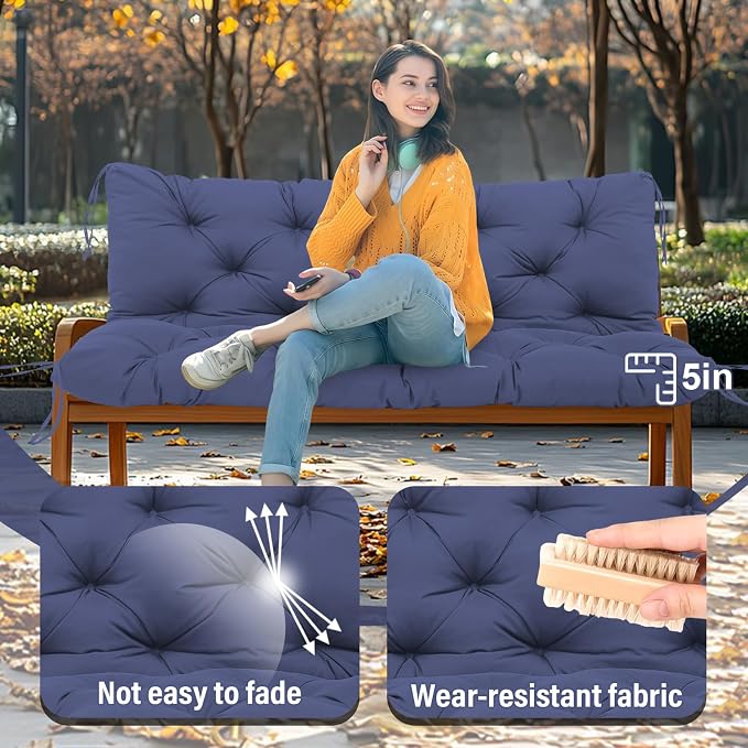 Premium 5"Thick Waterproof Outdoor Swing Cushions Sturdy Durable 2-3 Seat Replacement Porch Swing Cushions with Backrest&Ties Bench Cushion for Outdoor Furniture Backyard Patio(Navy Blue48x40)