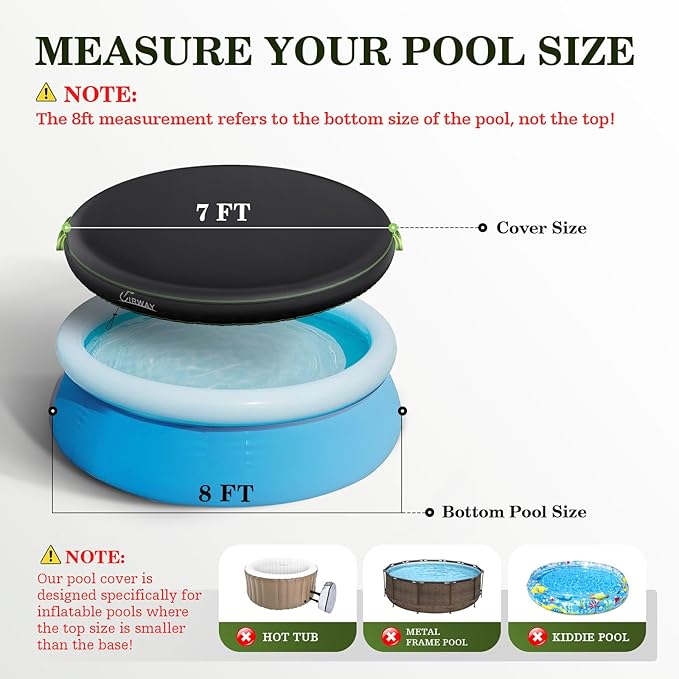 UIRWAY 8FT Round Pool Cover, Inflatable Pool Covers for Above Ground Pools with Elastic Cord - Snug Fit & Easy Set, Outdoor Swimming Pool Cover with 2 Reflective Strip Handles, Black