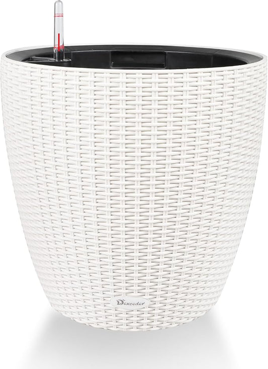 Dexceder 18x17 Self Watering Planter with Wheels (Ivory White Rattan) | Inner Pot Design, Thickened Table Flower Plant Pot with Water Level Indicator Indoor Outdoor