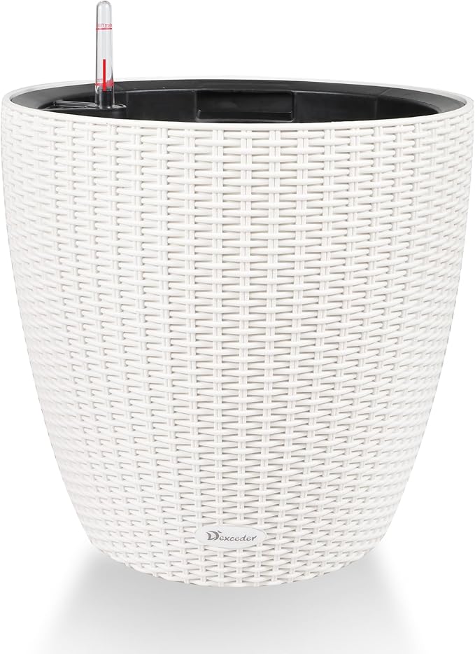 Dexceder 15x14 Self Watering Planter with Wheels (Ivory White Rattan) | Inner Pot Design, Thickened Large Floor Standing Flower Plant Pot with Water Level Indicator Indoor Outdoor