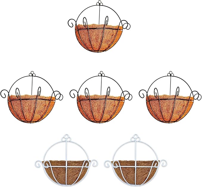 ShopLaLa Bundle - 4 Pack, 9.8 Inch Black + 2 Pack, White Metal Wire Flower Baskets with Coco Liner, Small and Cute Fence Hanging Planter, Balcony Deck Railing Patio Modern Outside Garden Patio Decor