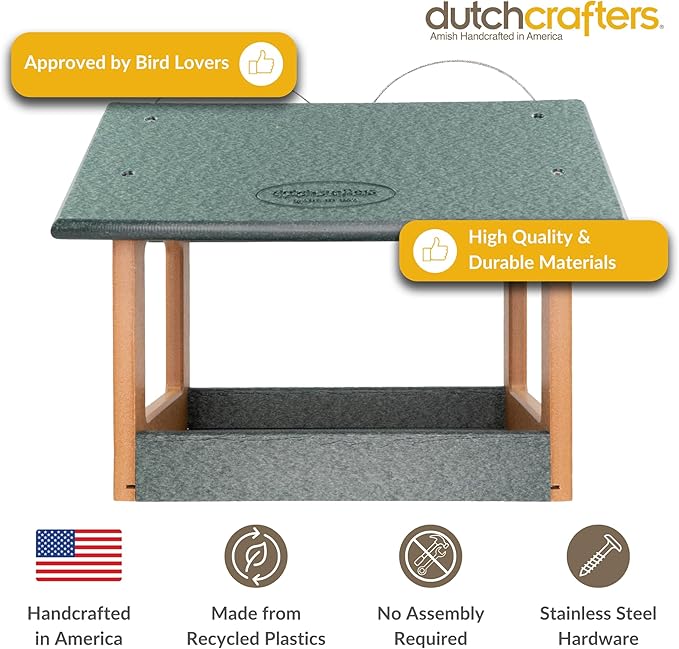 DutchCrafters Amish USA Made Recycled Plastic Large Hanging Modern Fly Through Covered Roof Open Platform Tray Bird Feeder for Outdoors, Garden, Yard (Turf Green & Bright Cedar)