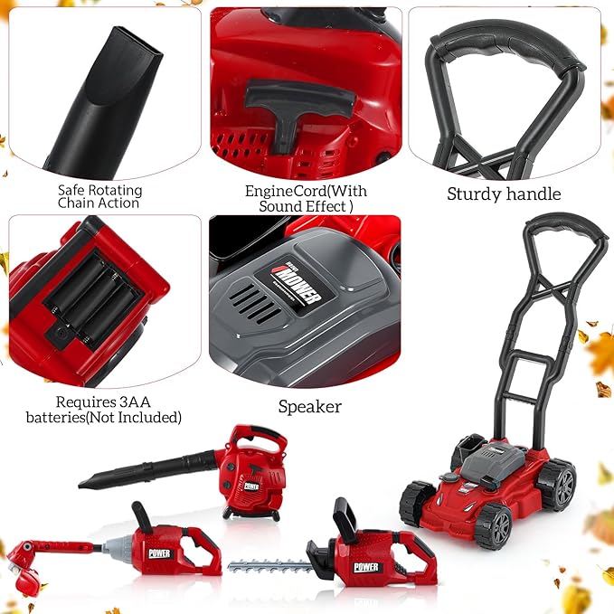 Arrowbash 4 Pcs Toy Gardening Tool Set for Kids Toy Leaf Blower Weed Trimmer Hedge Trimmer Push Lawn Mower Battery Play Set Christmas Birthday Party Gift for Boys Girls