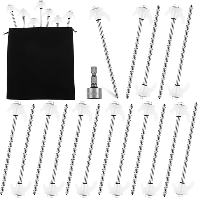Yaocom 40 Pcs 8" Screw in Tent Stakes Heavy Duty Tent Stakes Drillable Ground Anchors Screw Metal Tent Pegs Threaded Tent Spikes with Head Driver for Swing Inflatable Decor (Illuminant White)