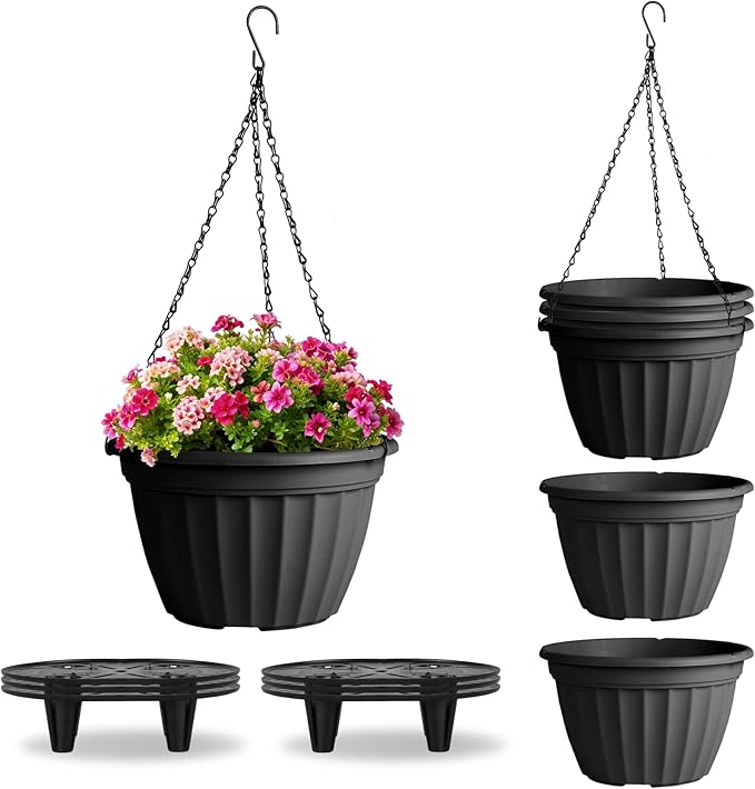 FGstyle 6 Pack Hanging Planters 10 Inch,Self Watering Pots for Indoor Plants,Plastic Hanging Basket with Soil Elevator and 20" Chain for Home Garden Porch Balcony Patio Decor(Black)