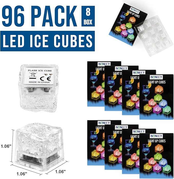 Light Up Ice Cubes, 96 PCS Multi Color Led Ice Cubes for Drinks with Changing Lights, Reusable Glowing Flashing Ice Cube for Club Bar Party Wedding Decor