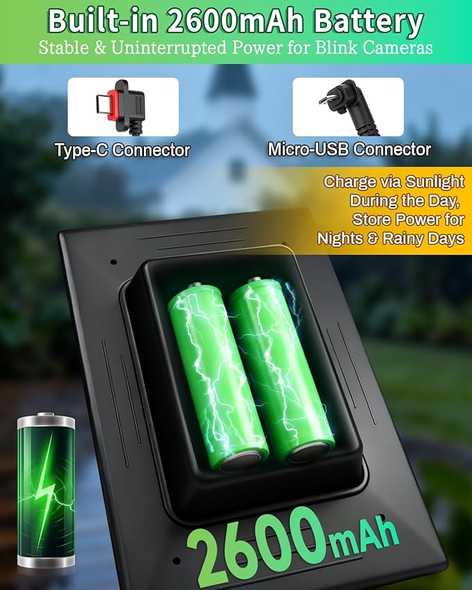 Solar Panel for Blink Camera, 3W Solar Charger Built-in 2600mAh Battery,IP65 Waterproof Solar Panels for Blink Outdoor 4(4th Gen)/Outdoor(3rd Gen) XT3 & XT2/XT Camera, with 9.8ft Cable (1)