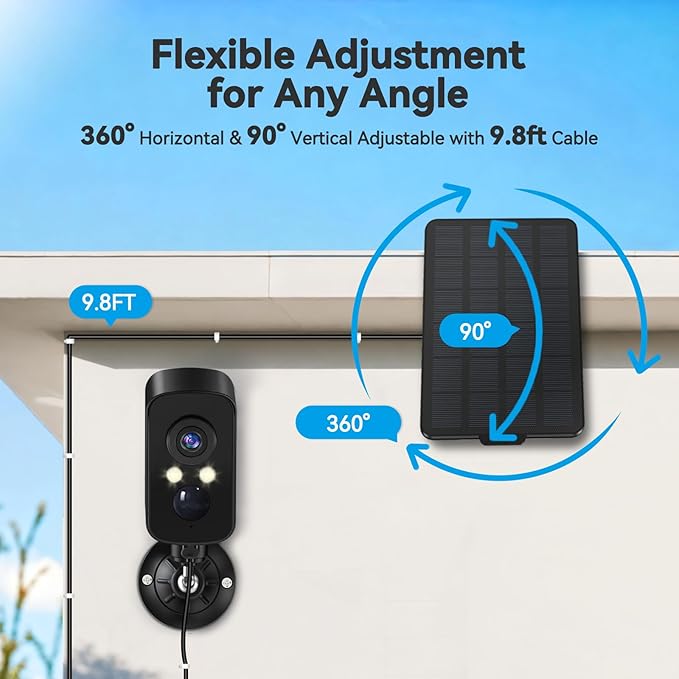 3W Solar Panel for Battery-Powered Security Cameras,USB-C & Micro USB Solar Charger for Wireless Outdoor Cameras,IP65 Waterproof, 9.8ft Cable, 360° Adjustable Mount (Black, 2 Pack)