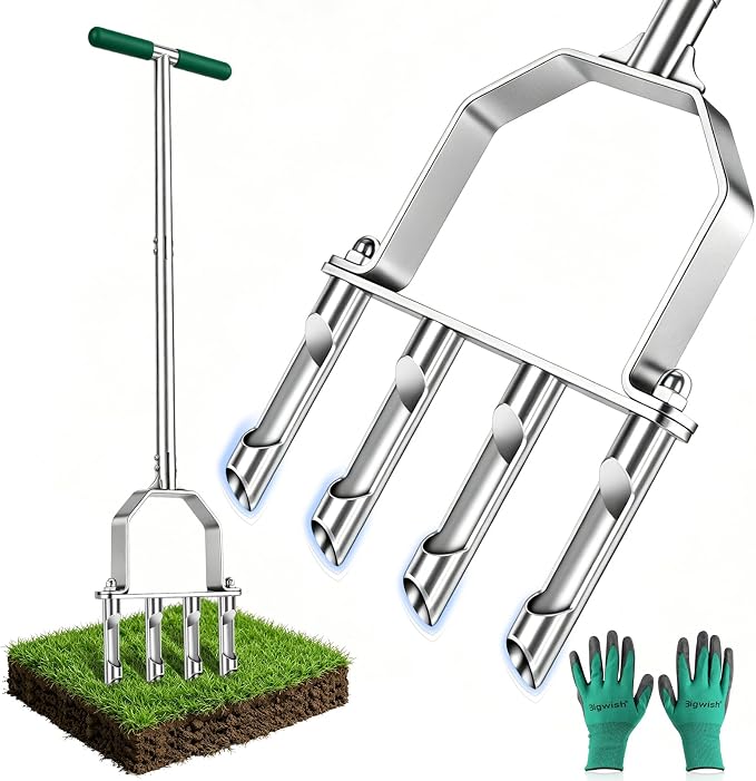 Bigwish Stainless Steel Aerator Lawn Tool with 4 Heavy-Duty Hollow Tines,Anti-Clogging Core Aerator,Ergonomic Design Lawn Aerator,Semi-Assembled Lawn Aerator Tool for Lawn Garden Yard Patio