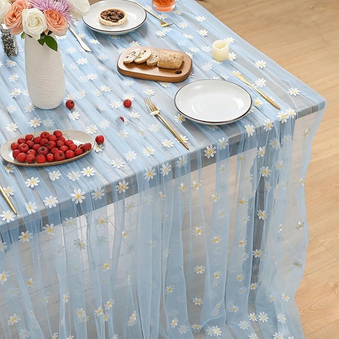 Horaldaily Blue Embroidery Daisy Spring Summer Gauze Tablecloth 52×70 Inch Rectangular, Seasonal Tulle Table Cover, Garden Party Decorations for Wedding, Party, Holiday Dining