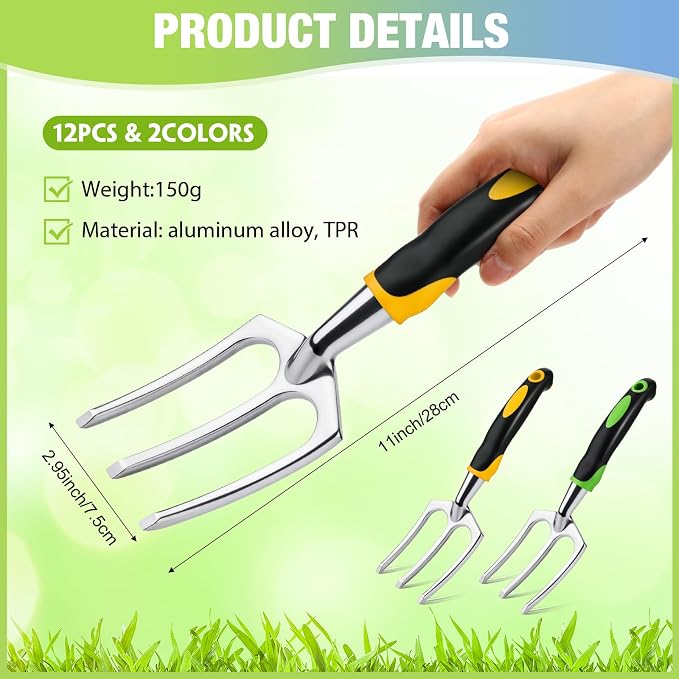Yaocom 12 Pcs Hand Rakes Garden Tool Mini Heavy Duty Garden Cultivator 11 Inch Small Rake Gardening Hand Tiller with Handle for Digging Weeding Loose Soil(3-Tine Prong Fork,Yellow, Green)