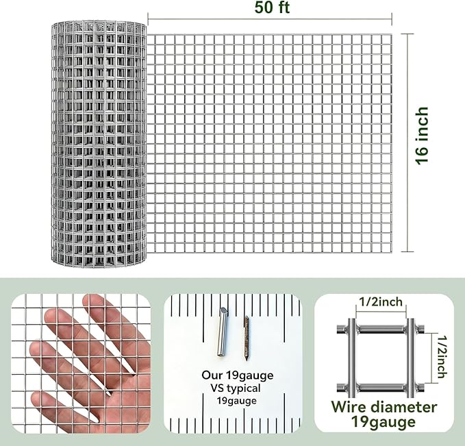 Amagabeli Ture 19 Gauge Hardware Cloth 1/2 inch 16inx50ft Double-Layer Galvanized After Weld Chicken Wire Mesh Roll Fencing Plant Supports Poultry Netting Rabbit Cage Snake Gopher Fence Coop
