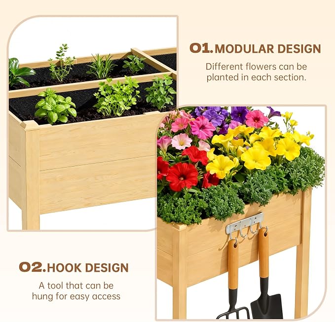 Acenova Raised Garden Bed Outdoor, 48 x 24 x 30 Inch Elevated Wooden Garden Bed with Legs and Liner, Raised Beds for Gardening with Grow Bag and Tool Hook, Planter Box for Patio Backyard Balcony